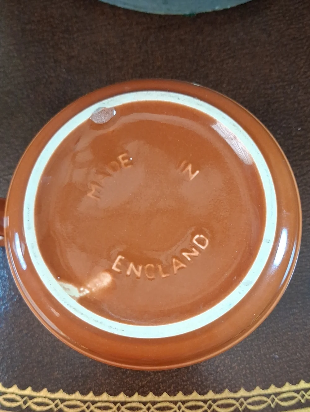 VTG. 70s English Brown Ceramic Soup Mug O- Ring Handle
